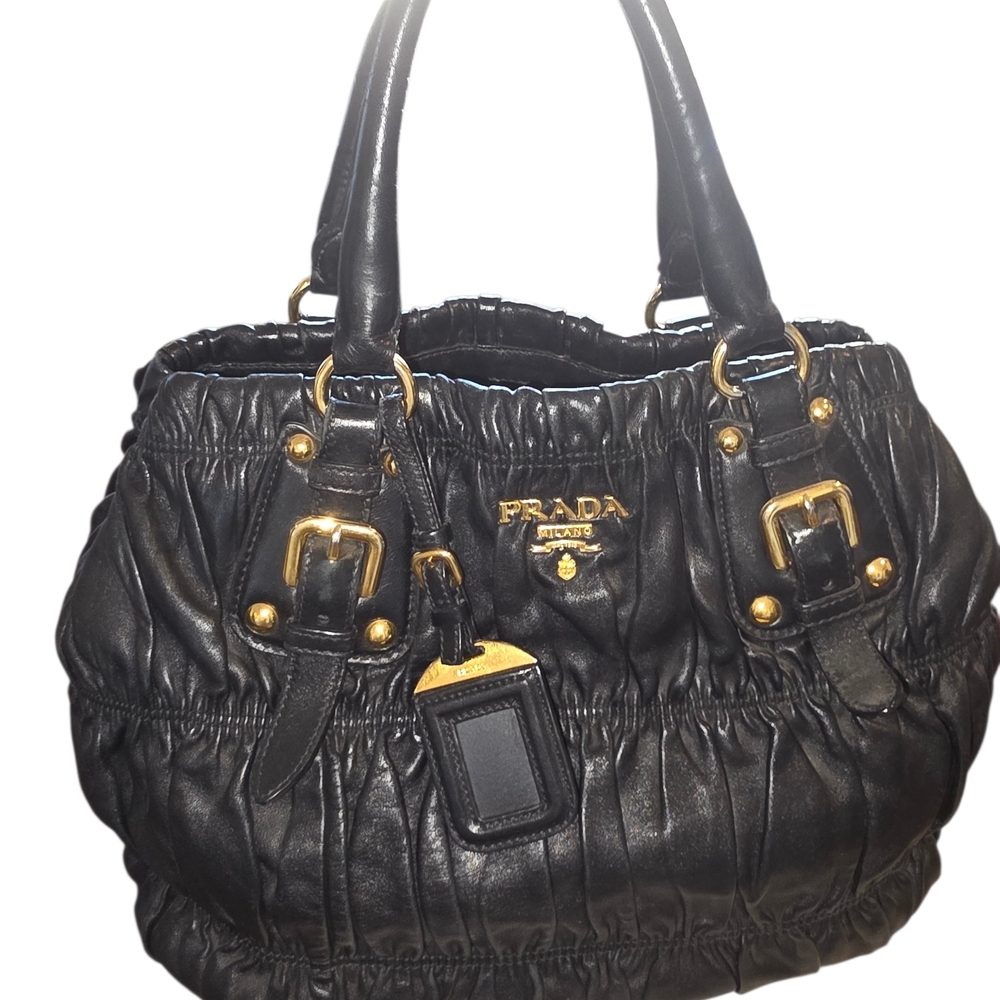 Prada Nappa Gaufre Tote Bag in Black Gathered Leather with Gold Hardware